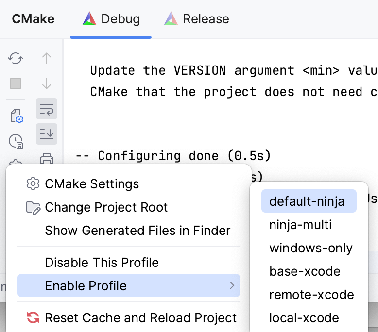 Enabling a disabled profile from the CMake tool window