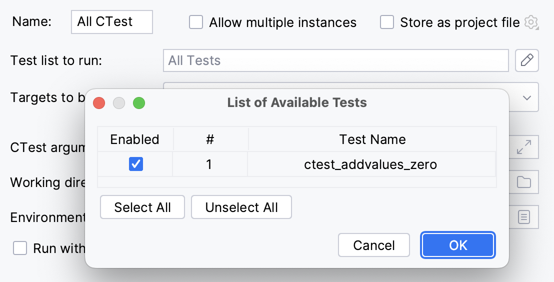 List of the available tests in CTest configuration