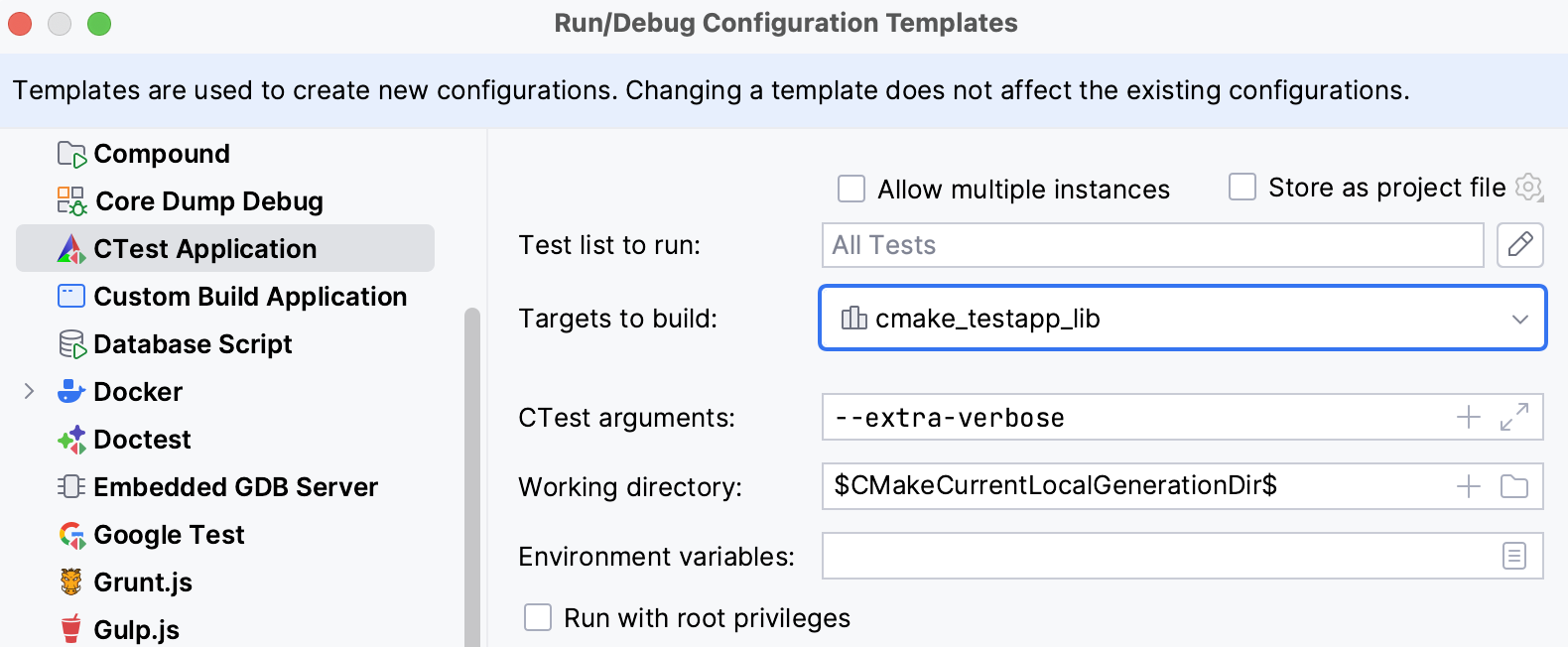 Editing the CTest configuration template