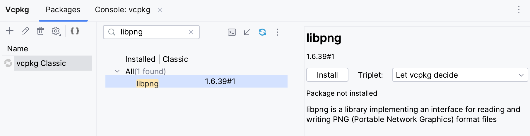 Search for libpng in vcpkg