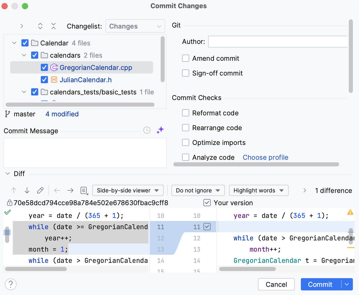 Git commit dialog