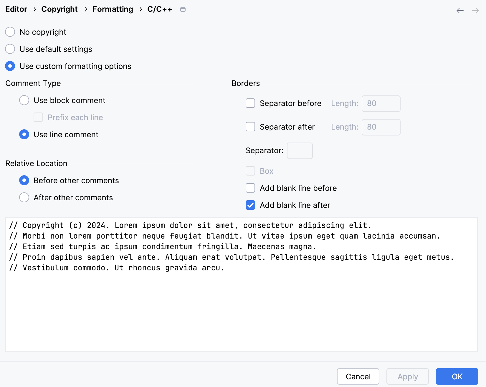 Copyright formatting settings for C/C++