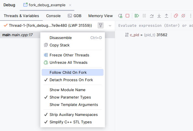 Follow/detach policies for multiprocess debug