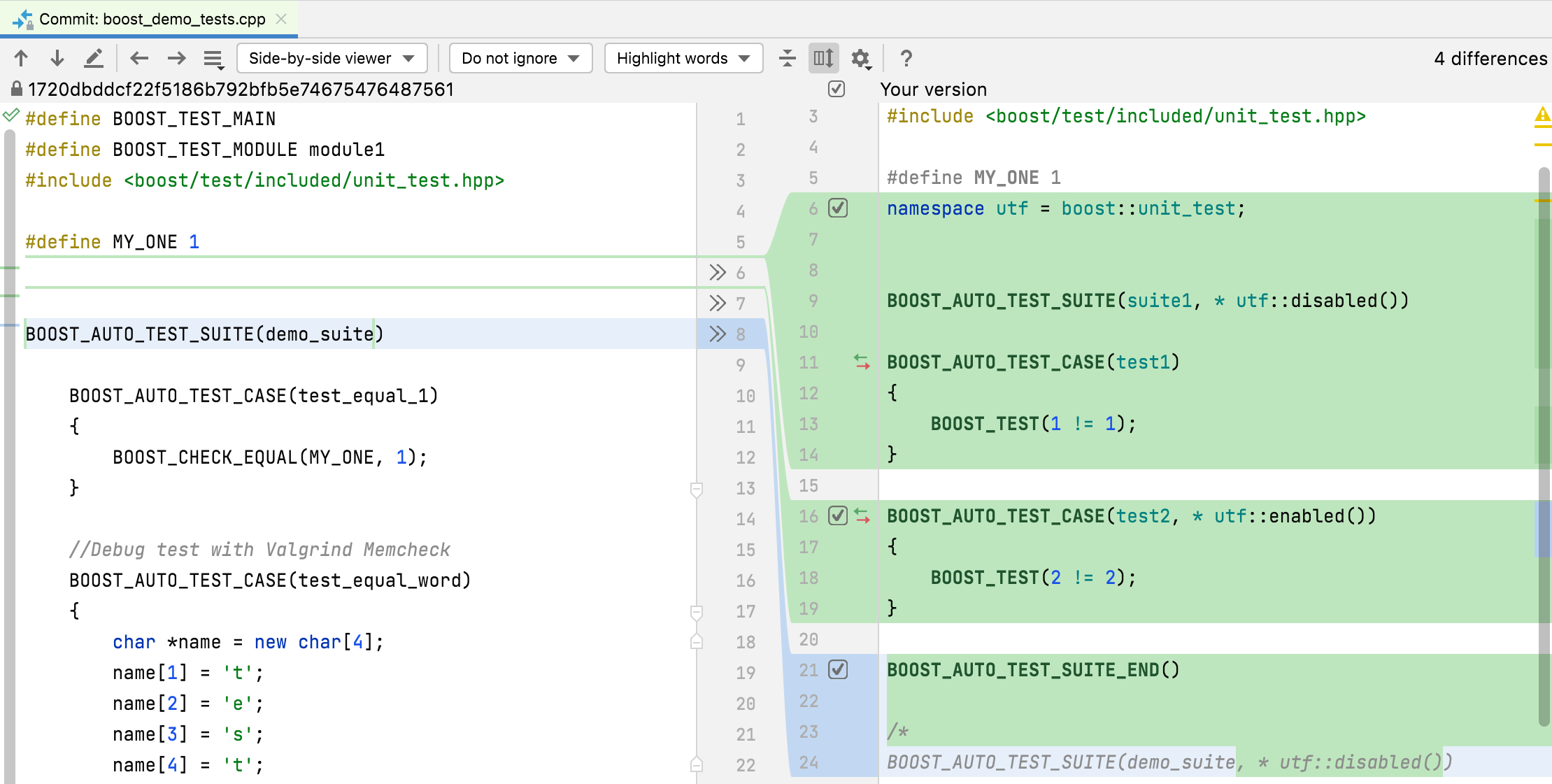 Compare file and folder versions using Diff viewer | CLion Documentation