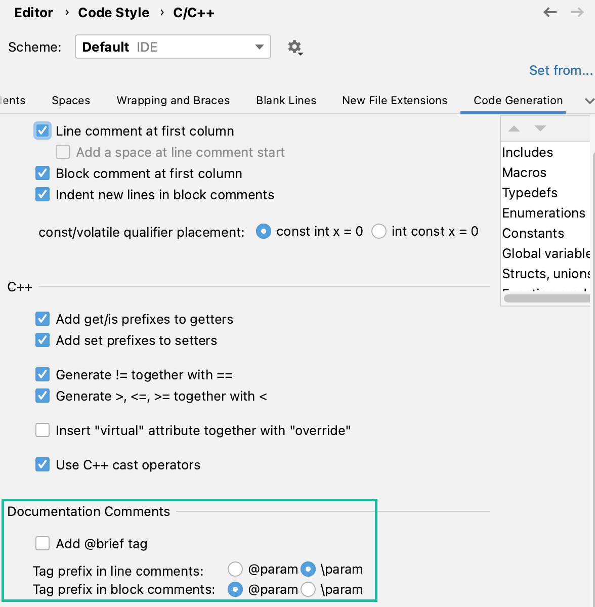 Doxygen comments settings