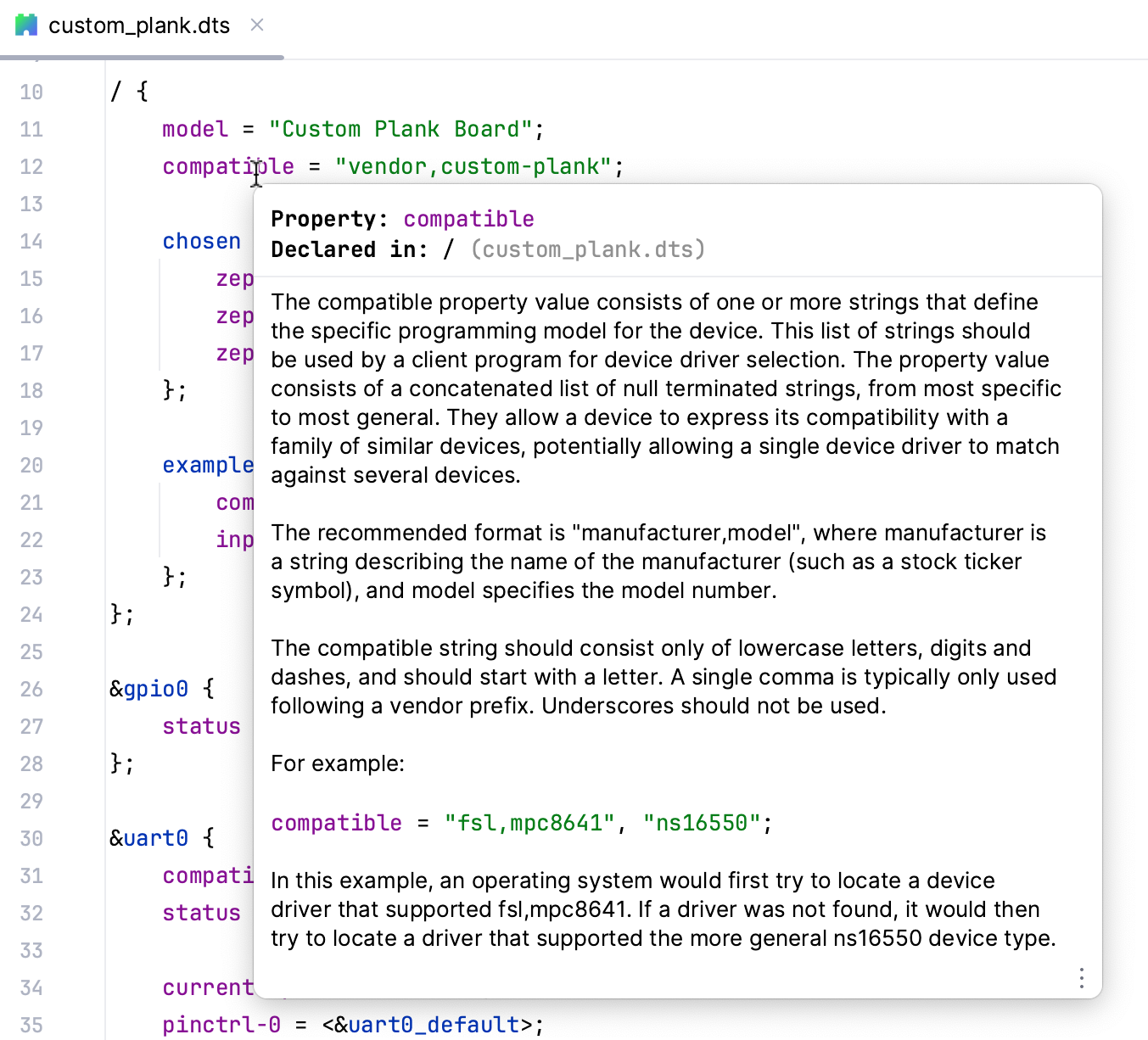 Quick documentation for device tree elements