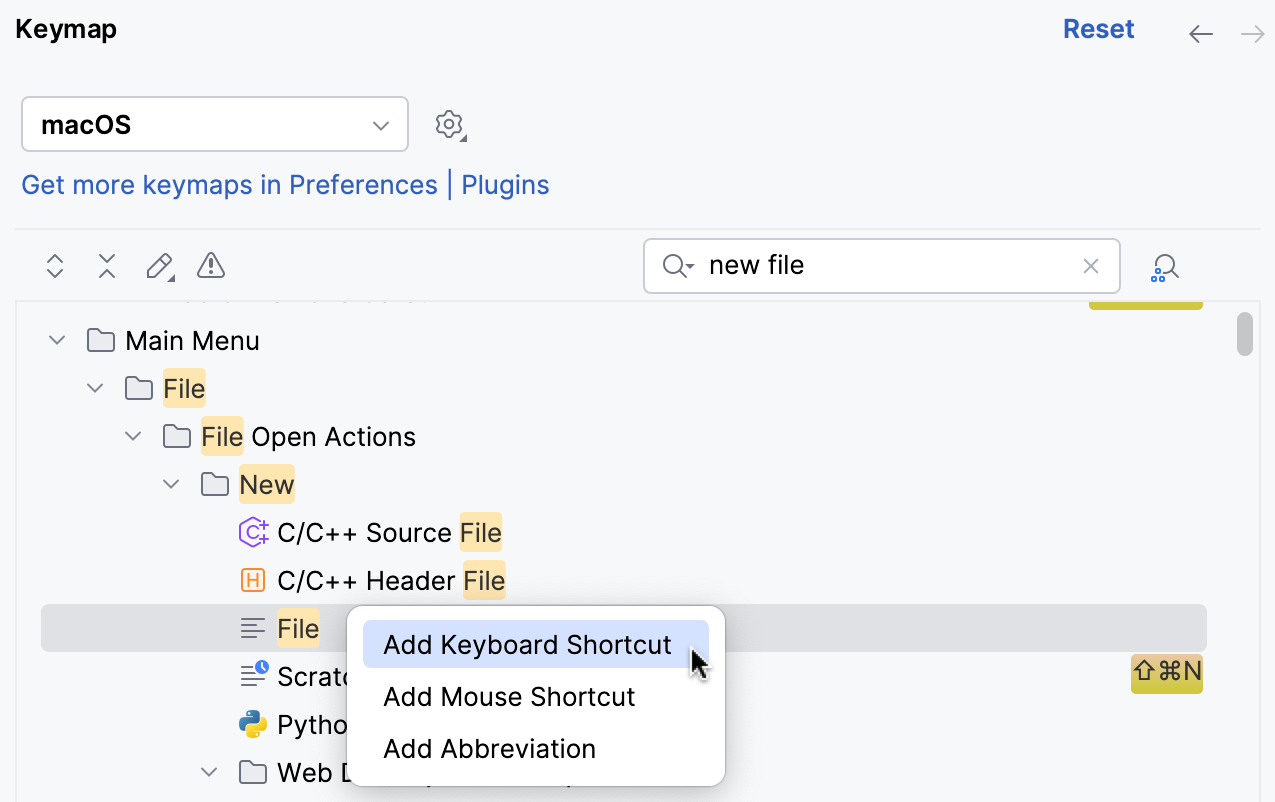 Assigning a keyboard shortcut for New Empty File