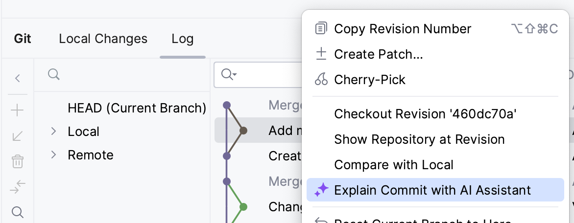 Explain Commit with AI Assistant option in VCS log