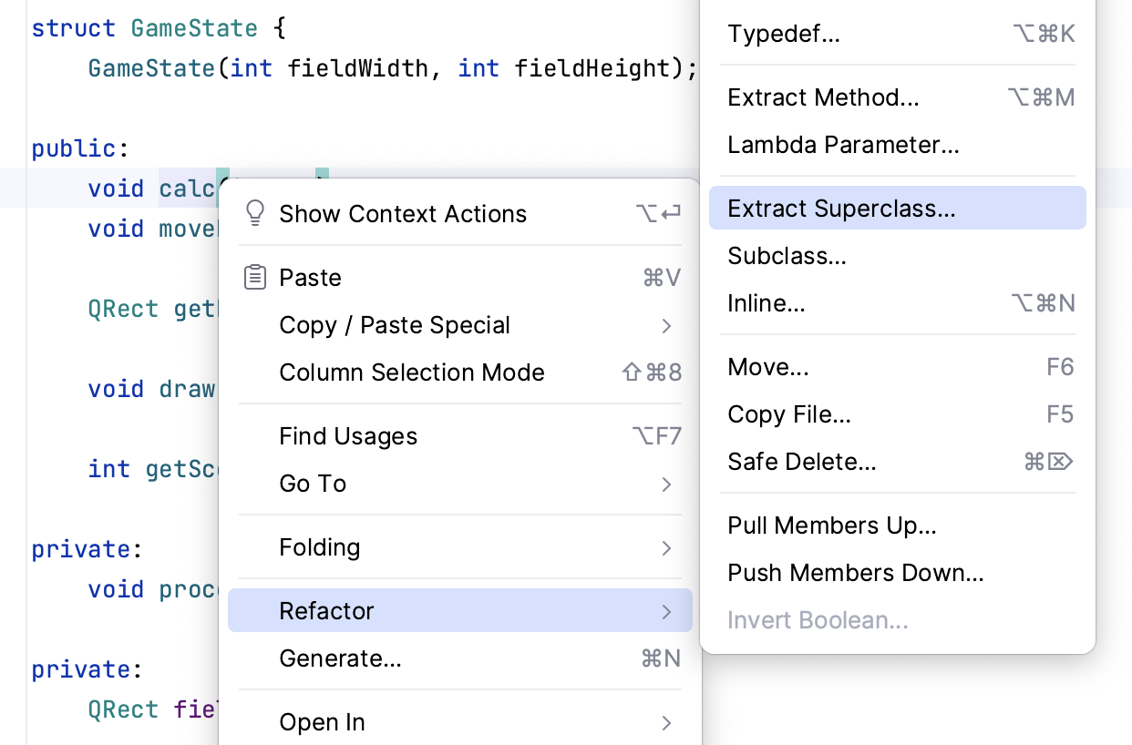 Extract superclass in the context menu