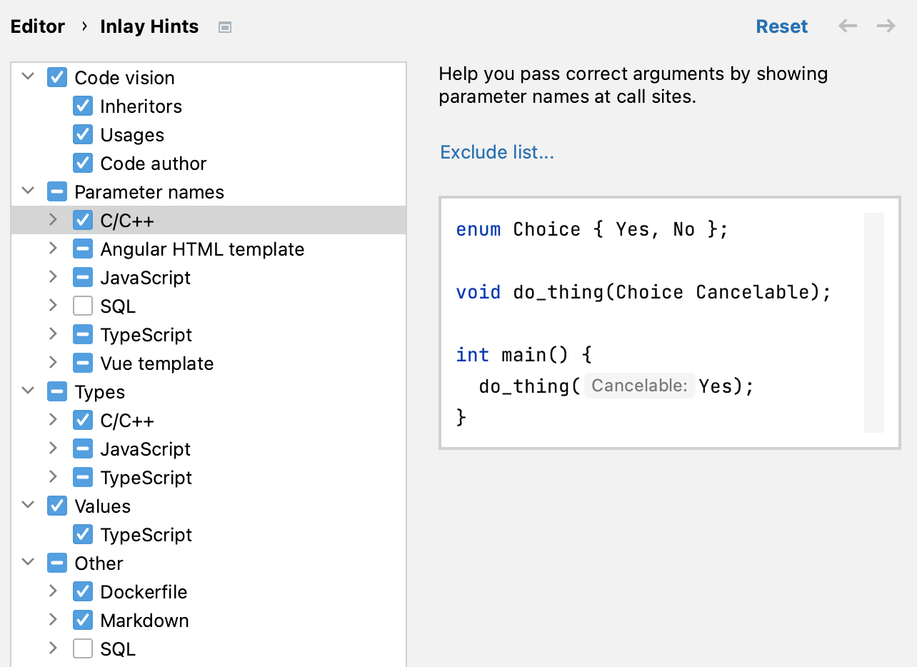 Inlay hints settings