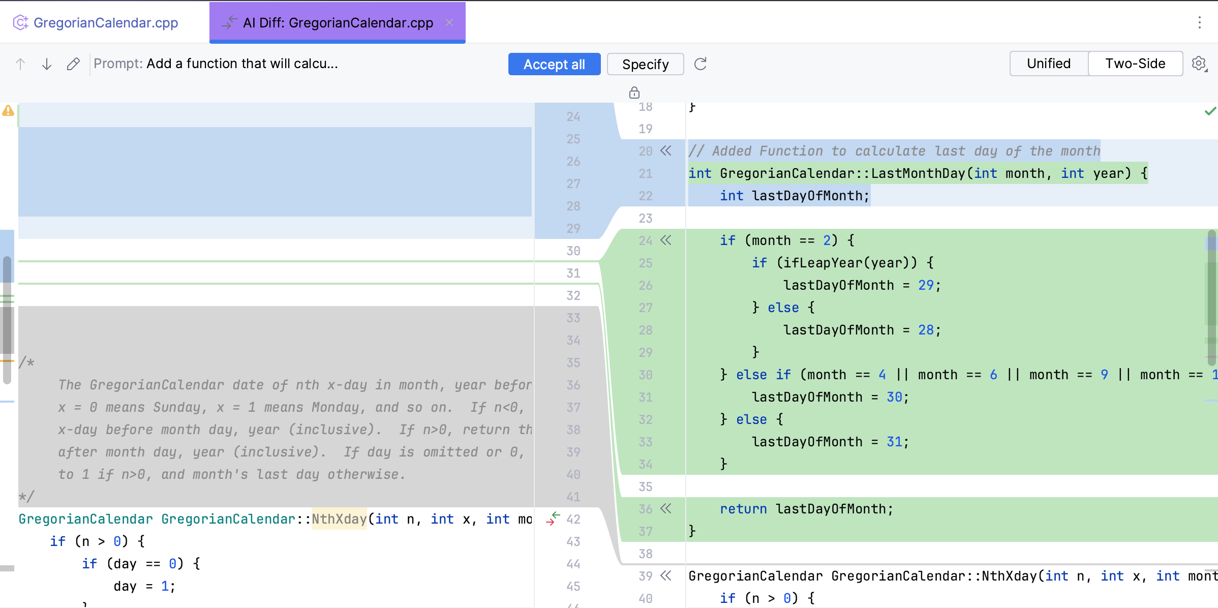 Generated code in diff tab