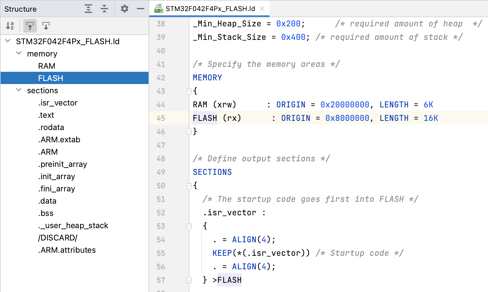 Structure view for linker scripts