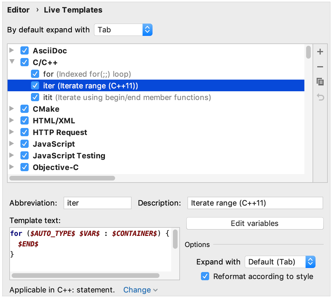 live templates settings