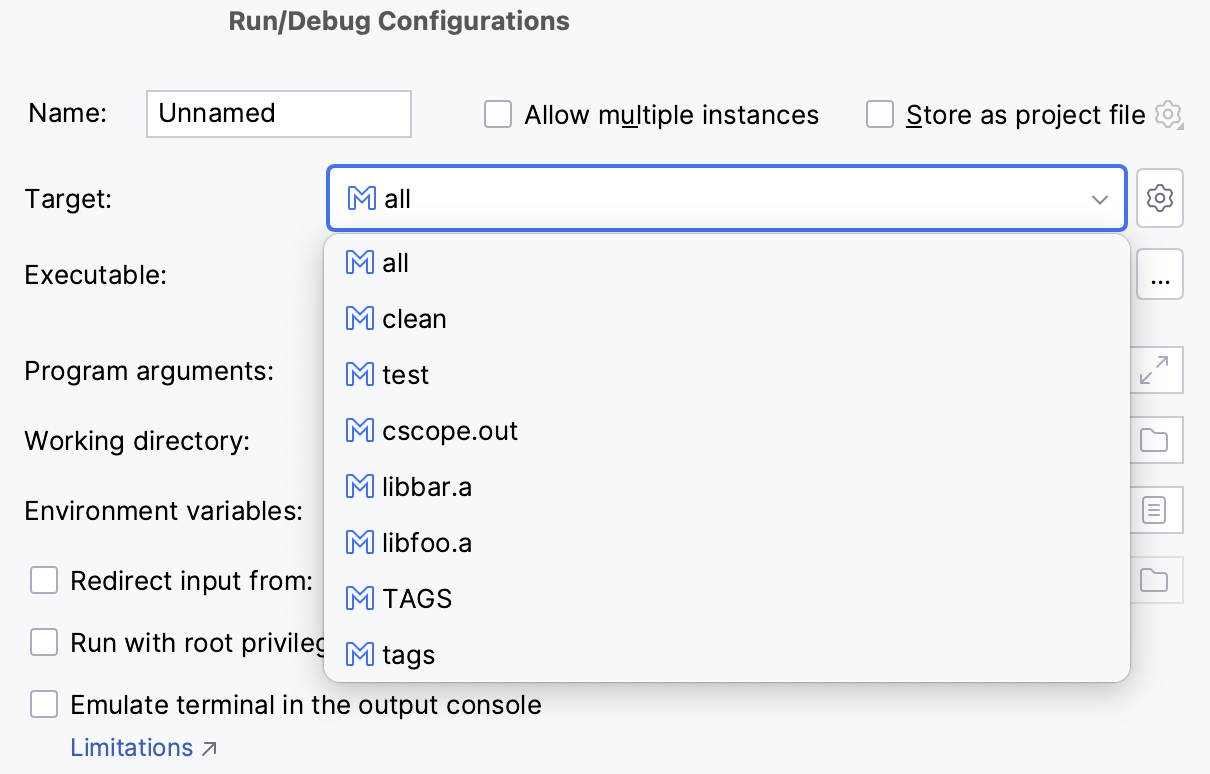 Target selection for a Native Application configuration