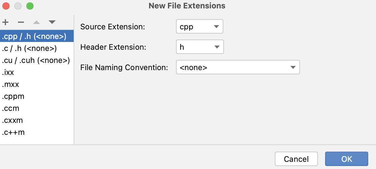File extensions settings