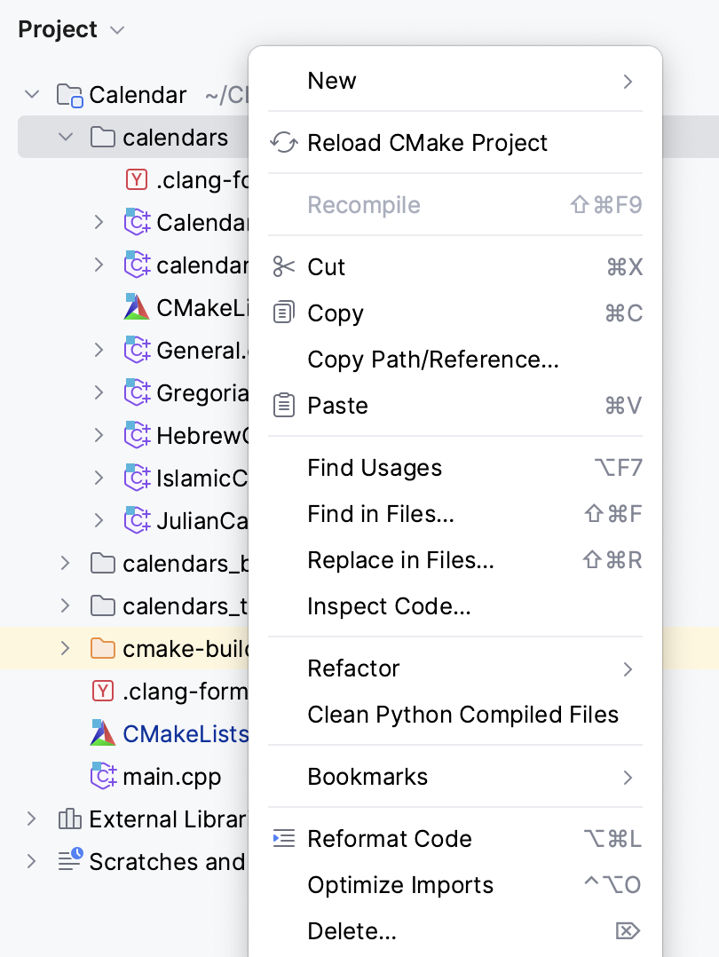 Project tool window context menu
