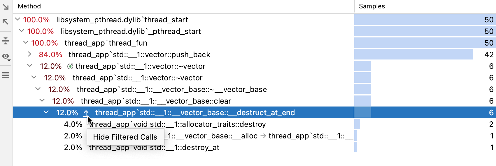 Filtering call tree