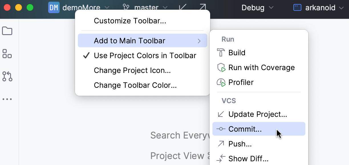 Adding actions to main toolbar