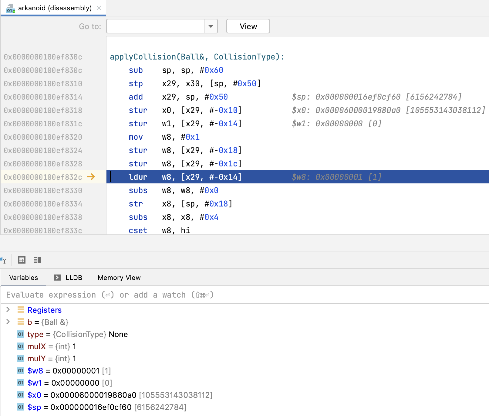Registers node added in disassembly view