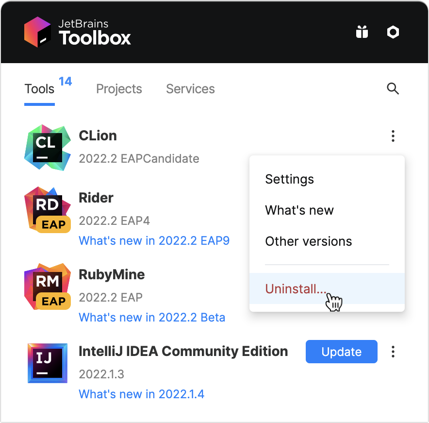Uninstall CLion using the Toolbox App