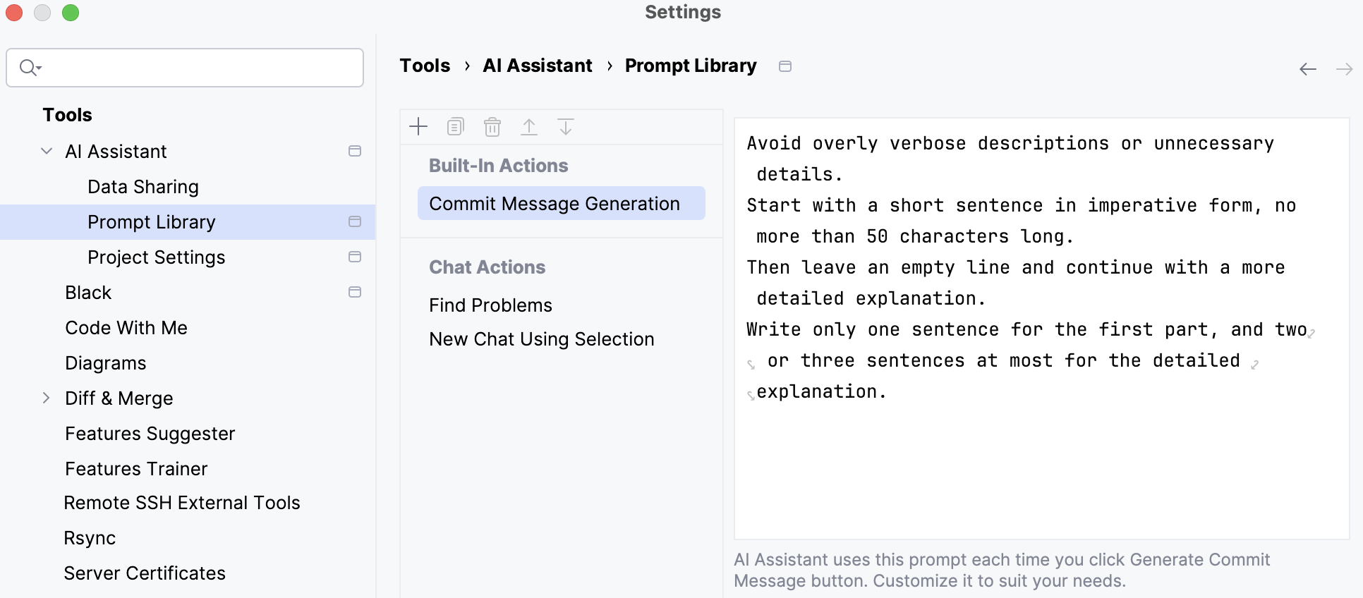 The list of default rules for commit message generation prompt