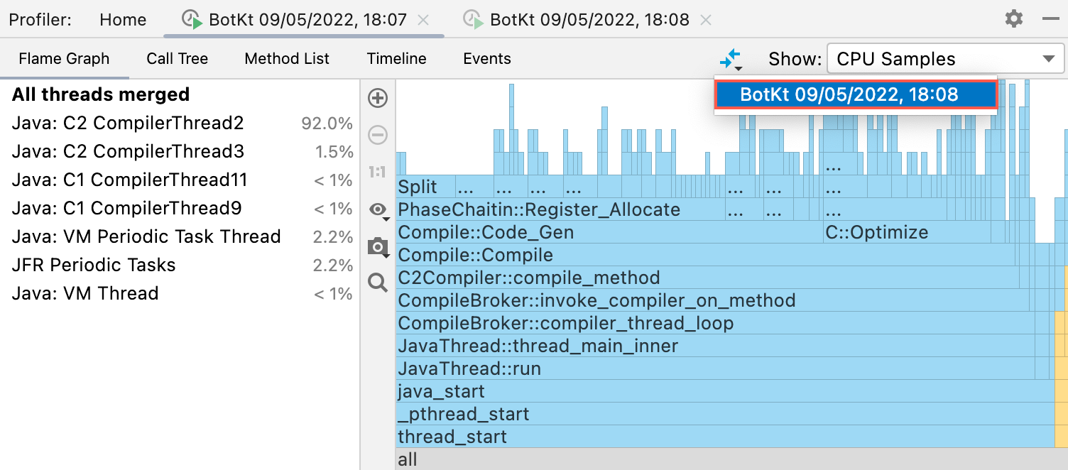 Selecting the baseline snapshot in the Compare With Baseline menu