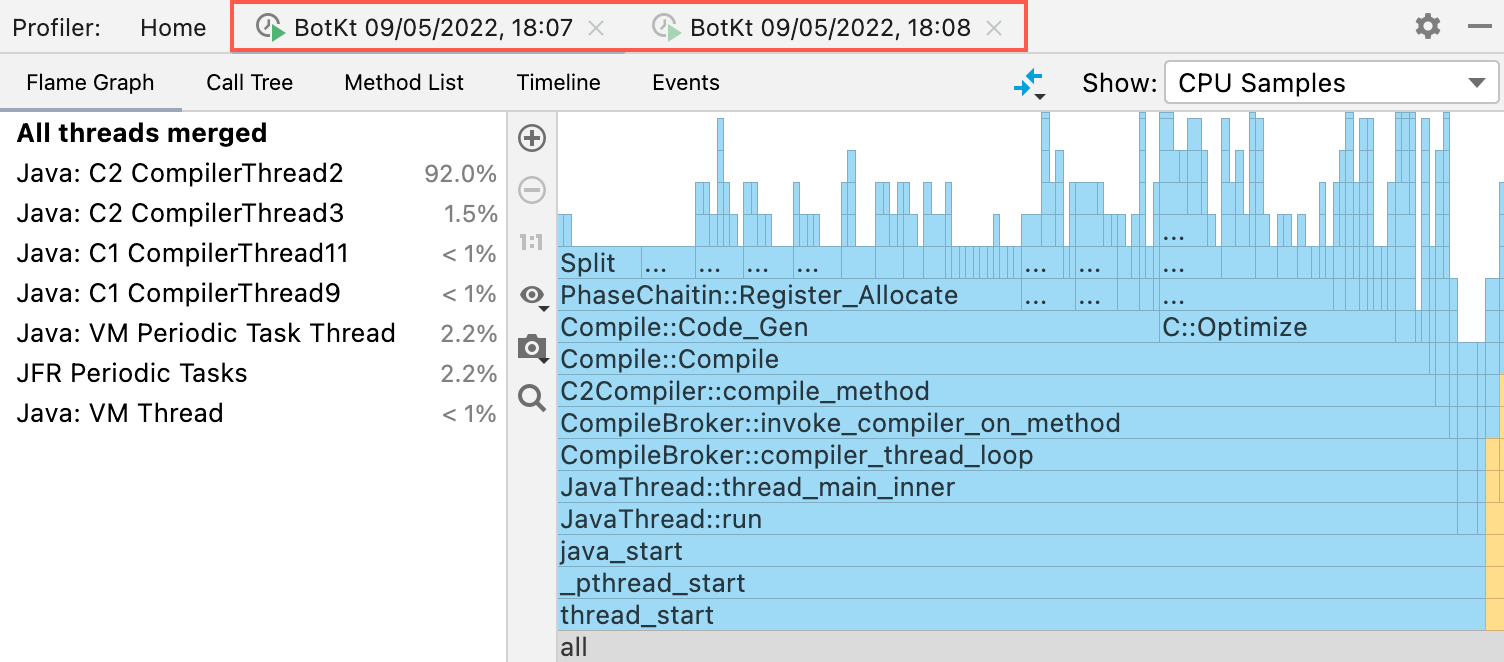 Two open tabs in the Profiler tool window