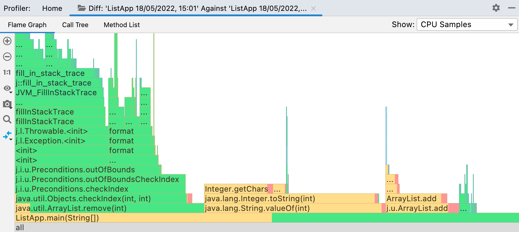 Flame graph in the comparison mode