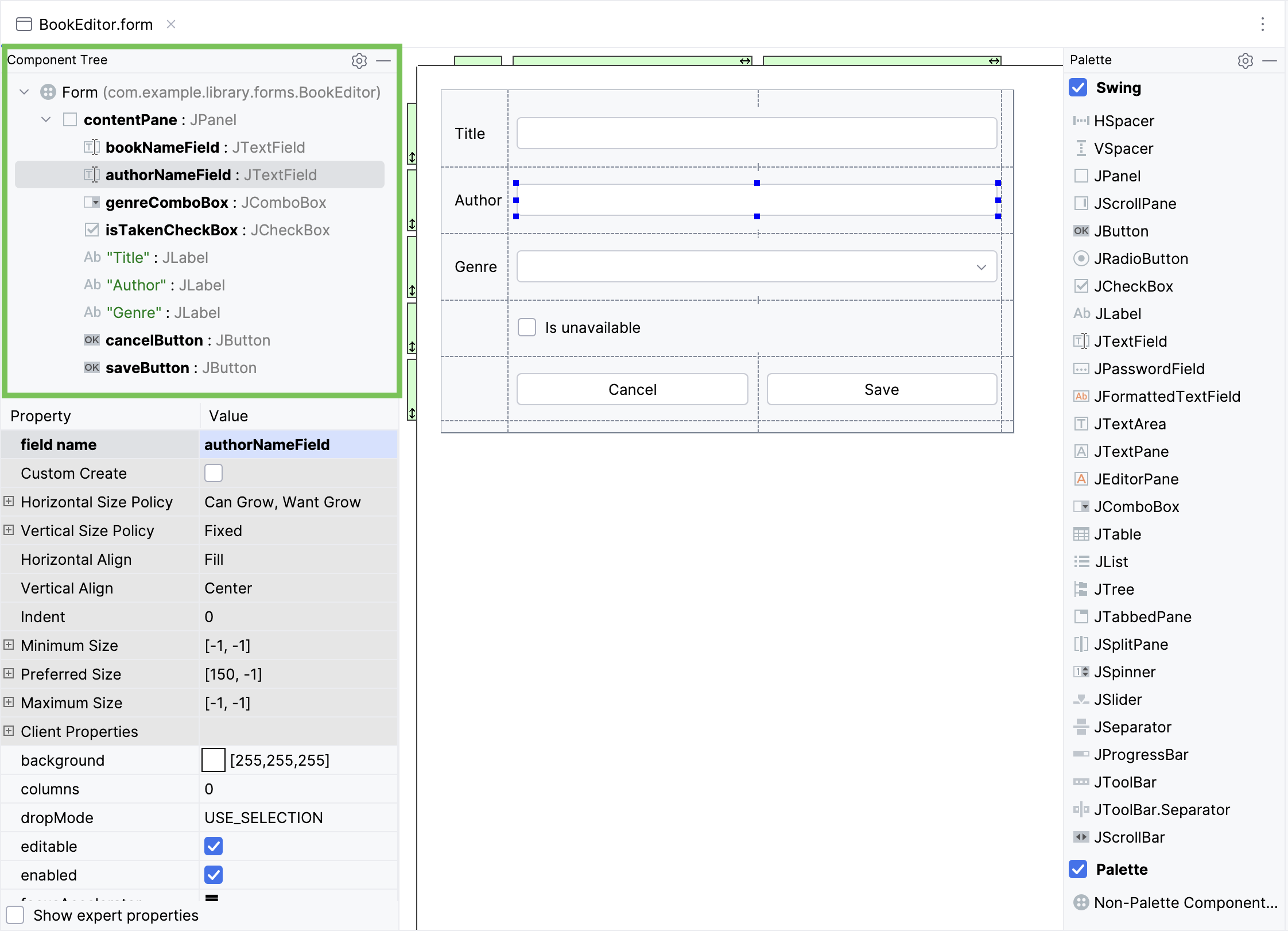 The component tree section of a form