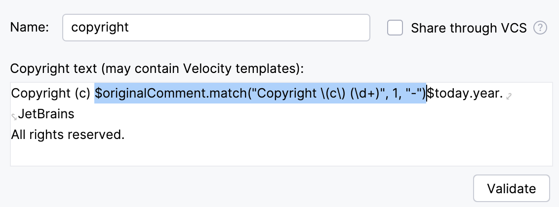Copyright template in settings