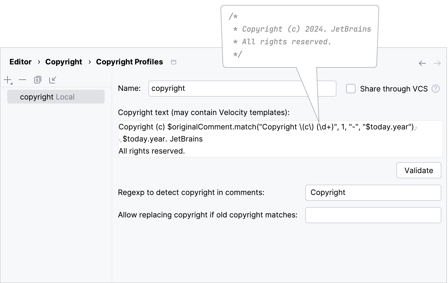 Configuring a copyright profile