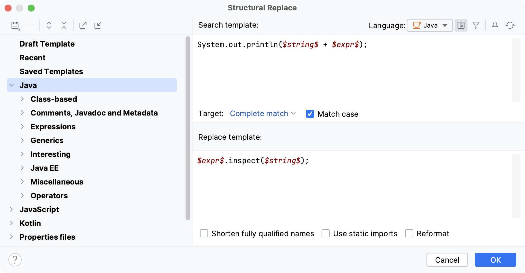 The Structural Replace dialog