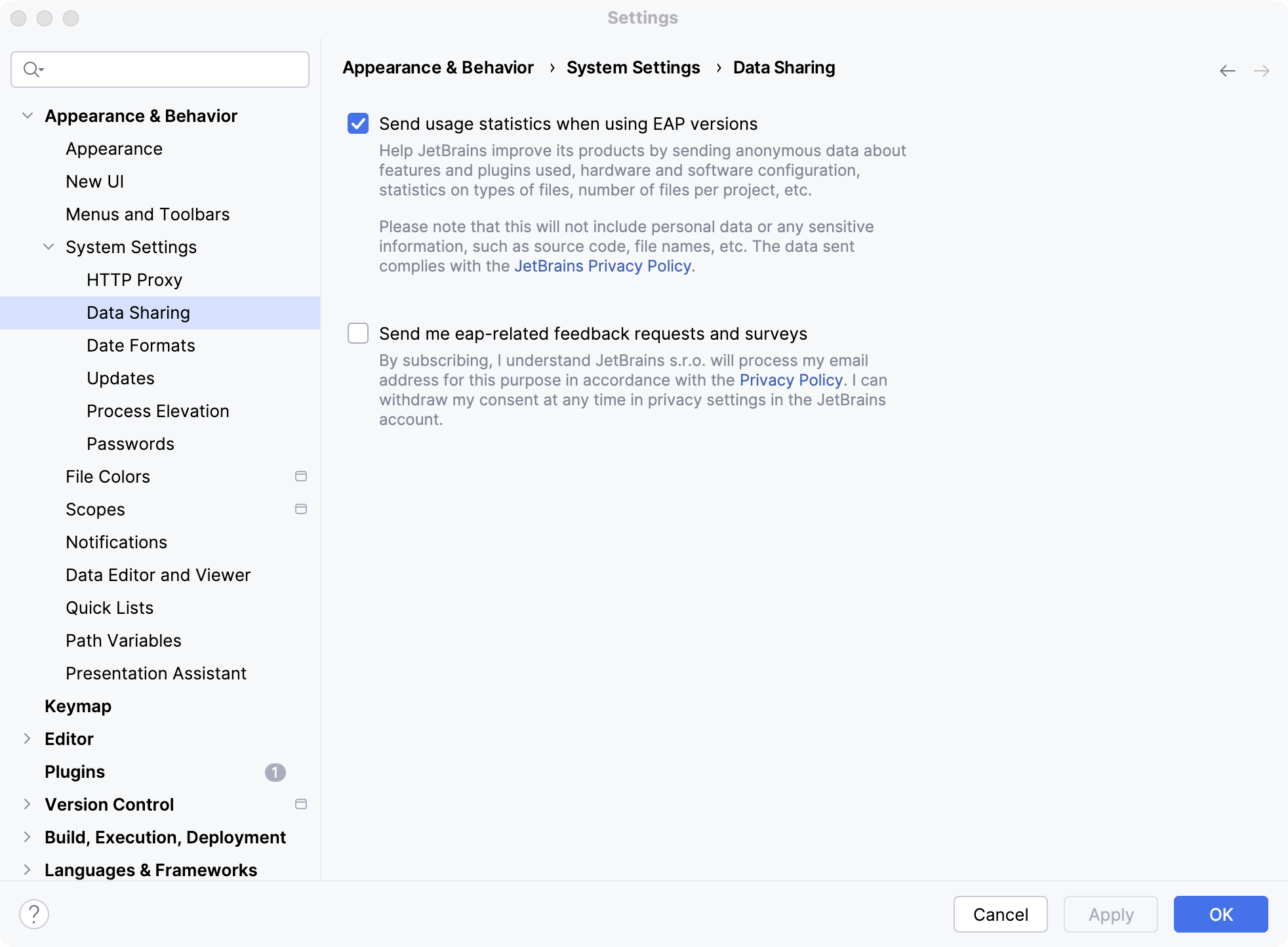 Data Sharing dialog in the EAP version