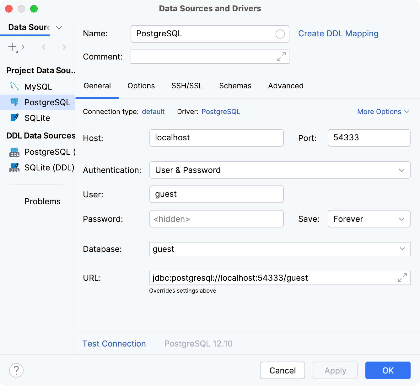 Data Source and Drivers dialog: General tab of Data Sources settings