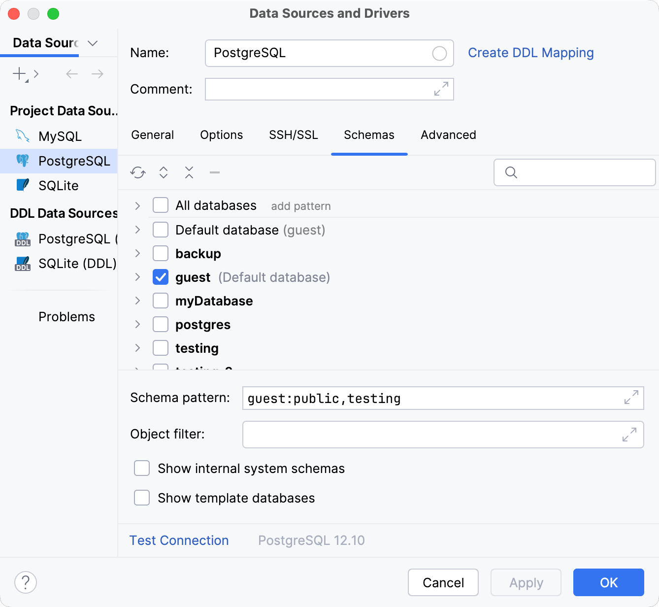 Data Source and Drivers dialog: Schemas tab of Data Sources settings