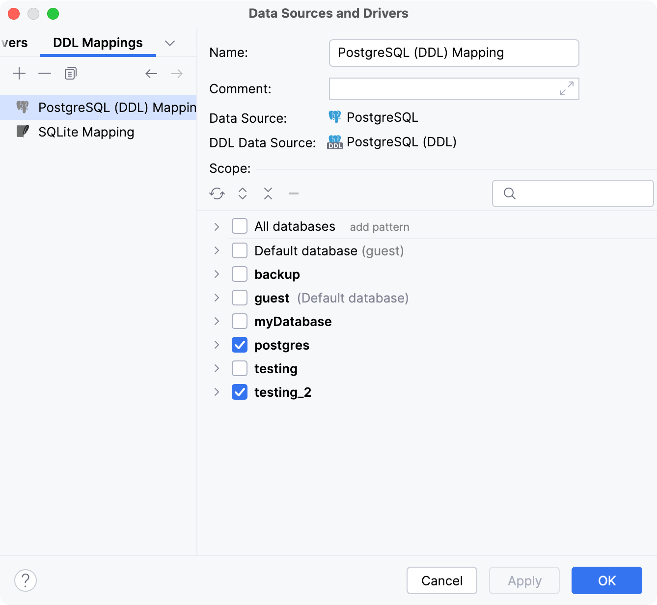 Data Source and Drivers dialog: list of DDL mappings settings