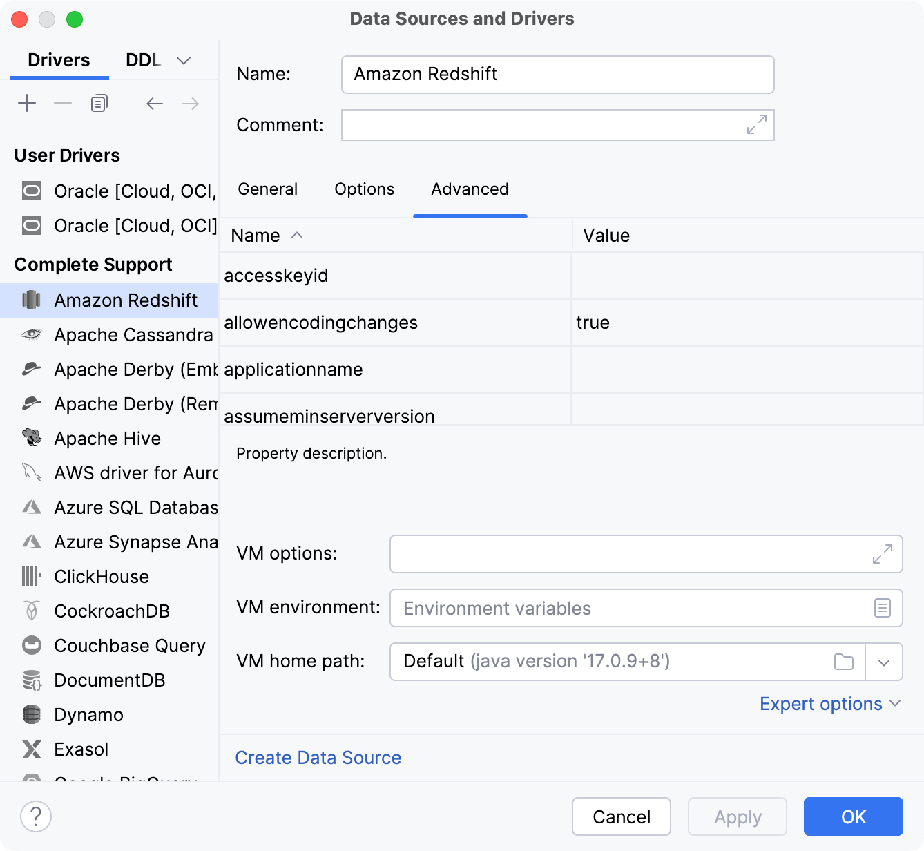 Data Source and Drivers dialog: Advanced tab of Drivers settings