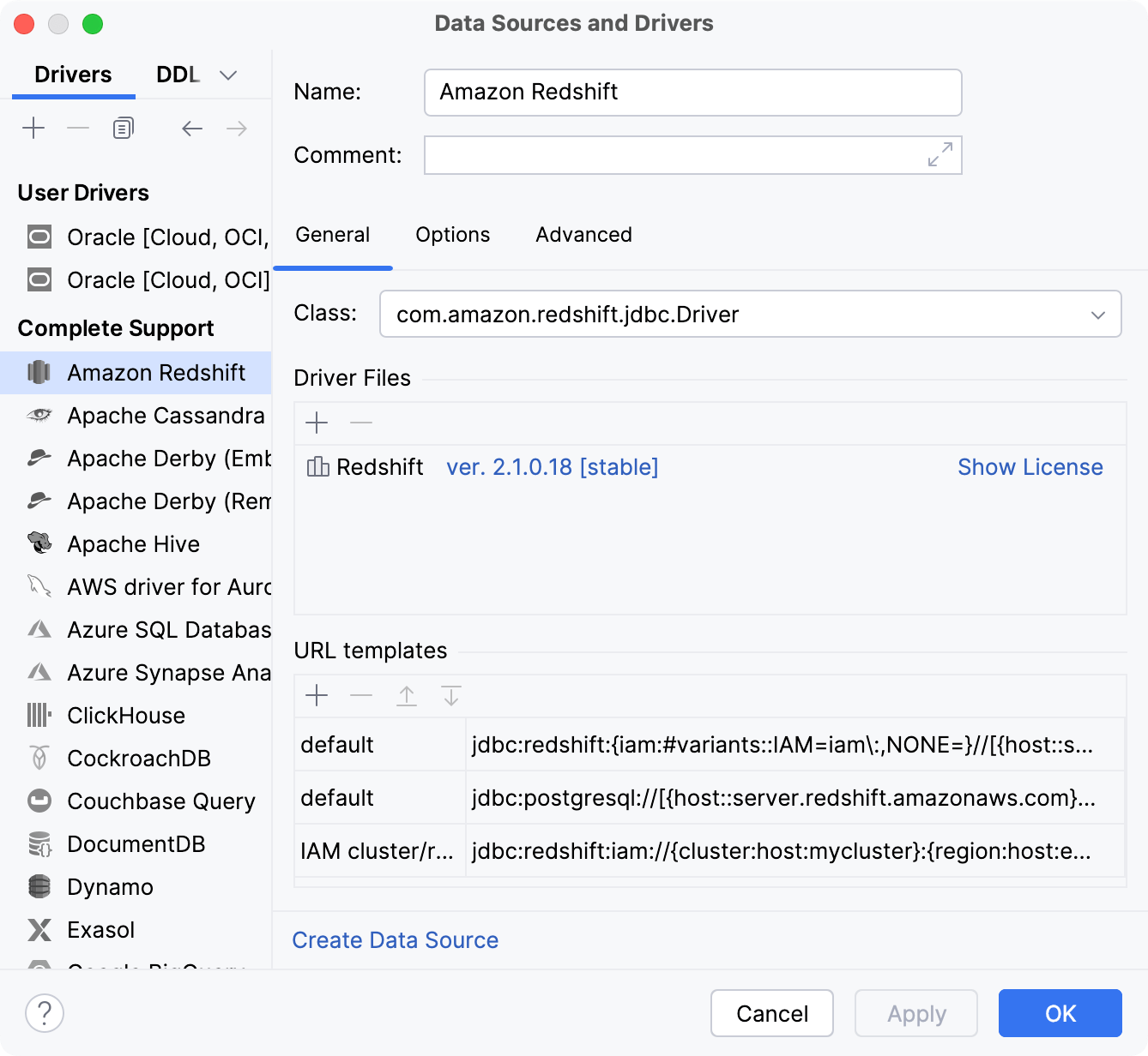 Data Source and Drivers dialog: General tab of Drivers settings