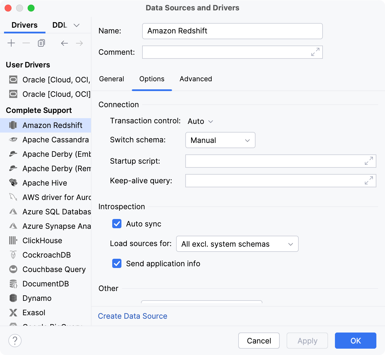 Data Source and Drivers dialog: Options tab of Drivers settings