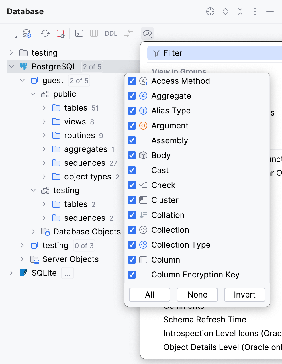 All items are selected to view in Database tool window