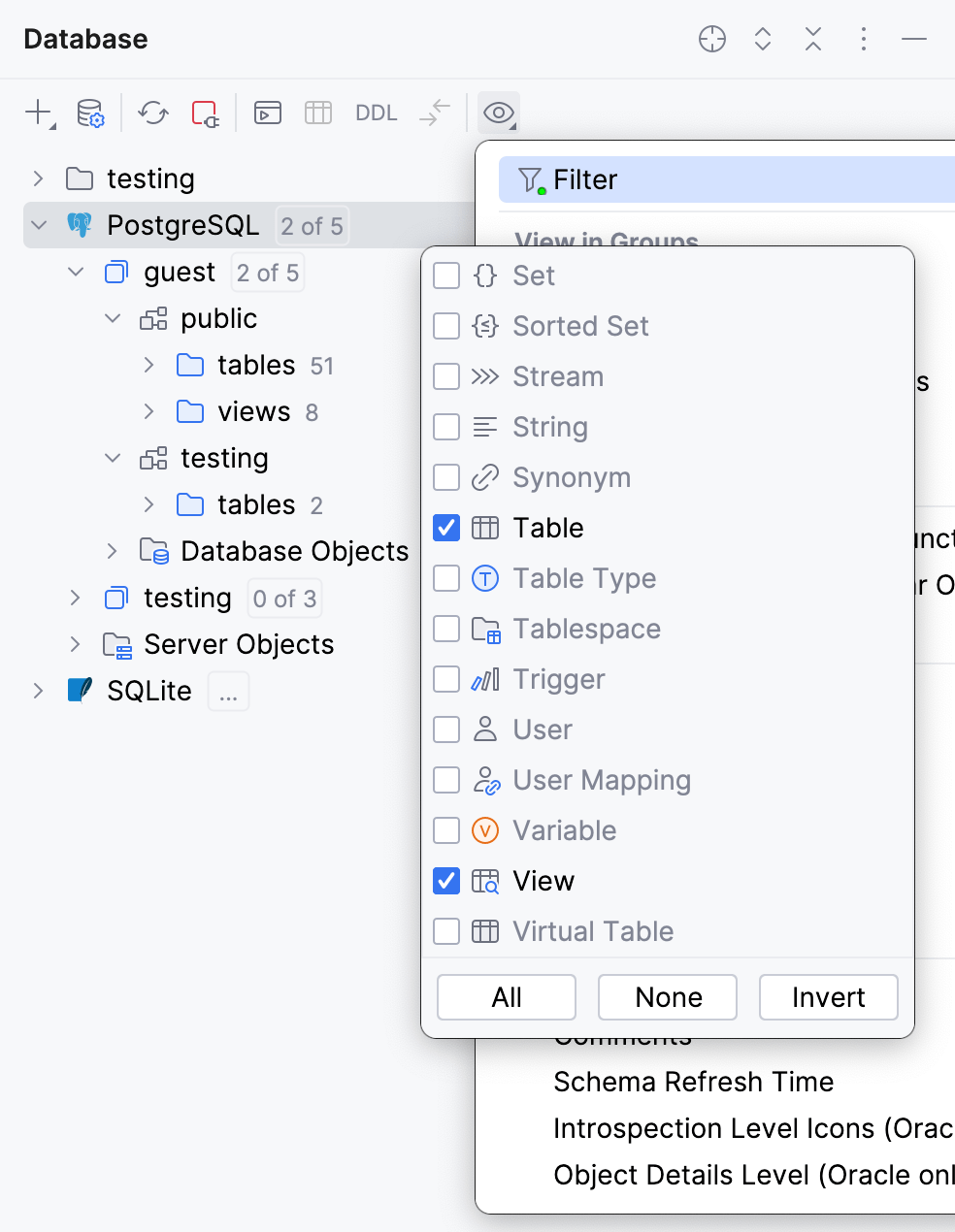 Only views and tables are selected to view in Database tool window