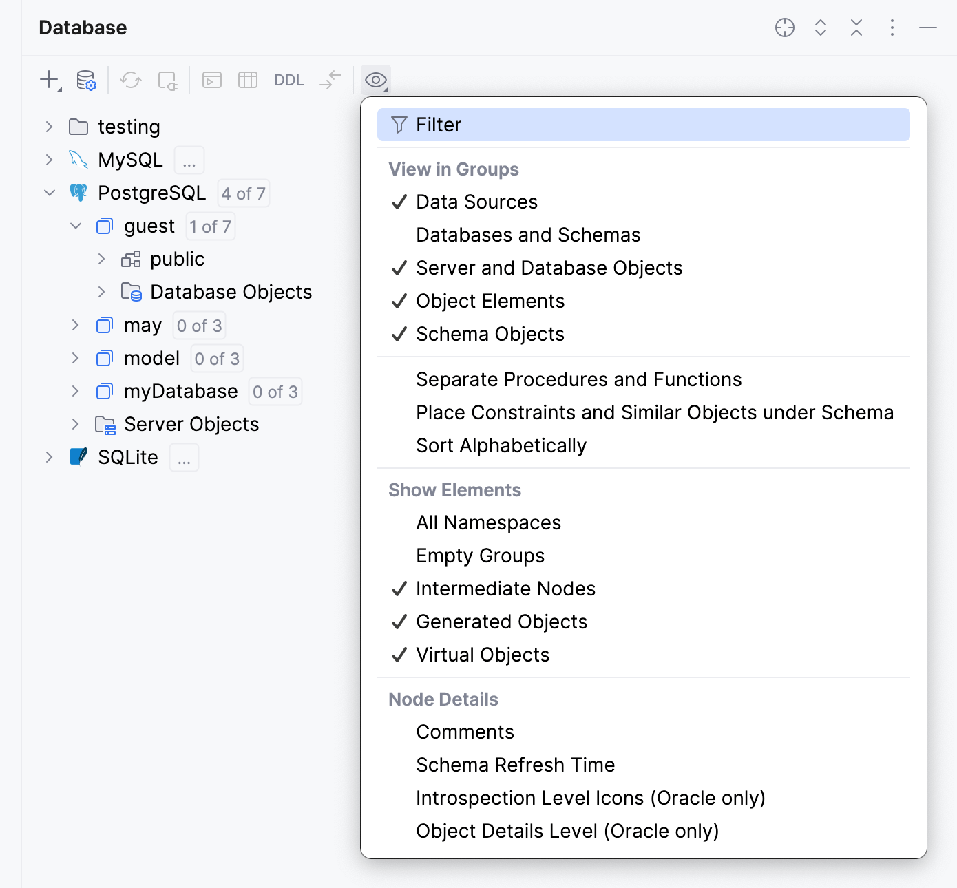 Database tool window Options menu items