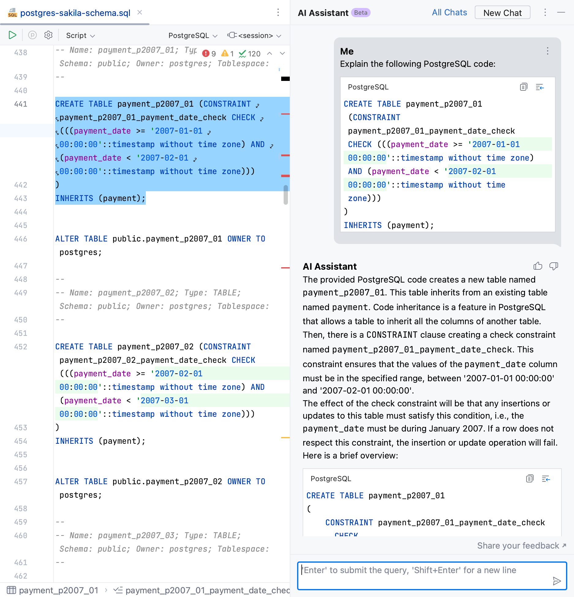 DataGrip AI Assistant explains code