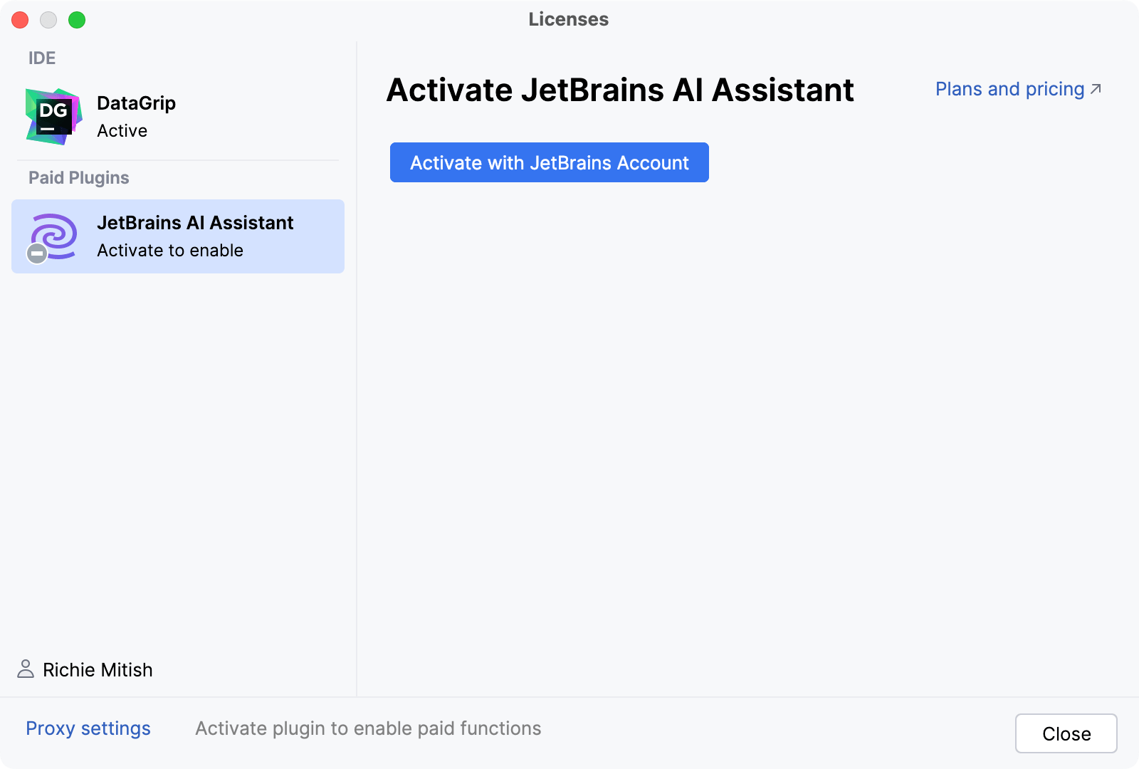 Licenses dialog with AI Assistant activation option