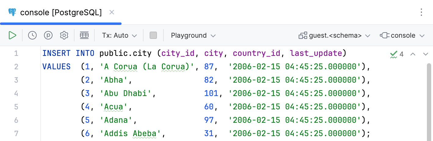 Aligned code style for multi-row INSERTS is enabled