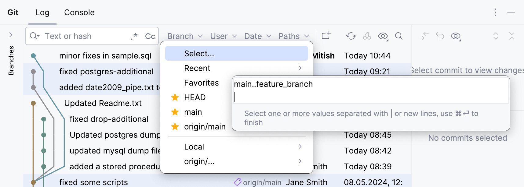 Context menu for Branch filter in Commits pane