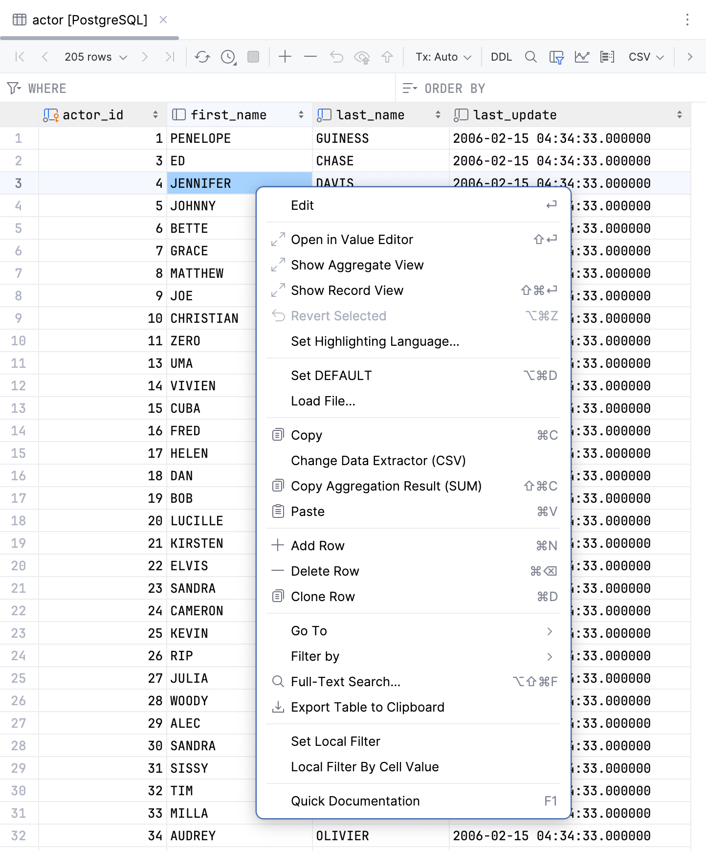 Context menu of a cell in data editor