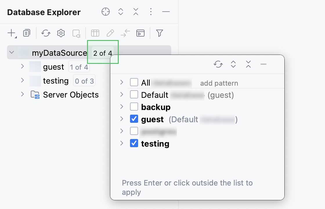 Select databases and schemas to introspect and display in Database Explorer