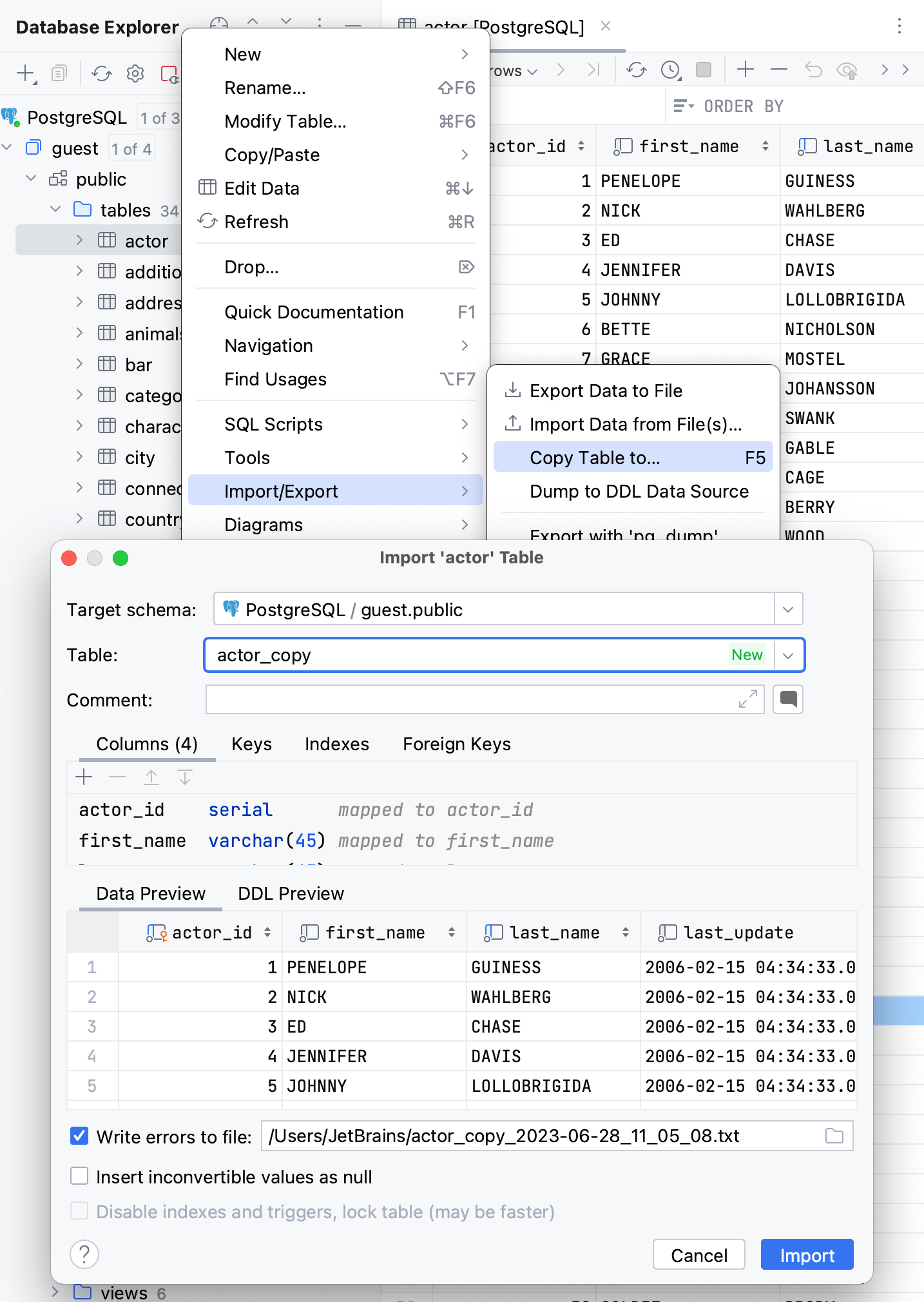 Create a table copy using context menu