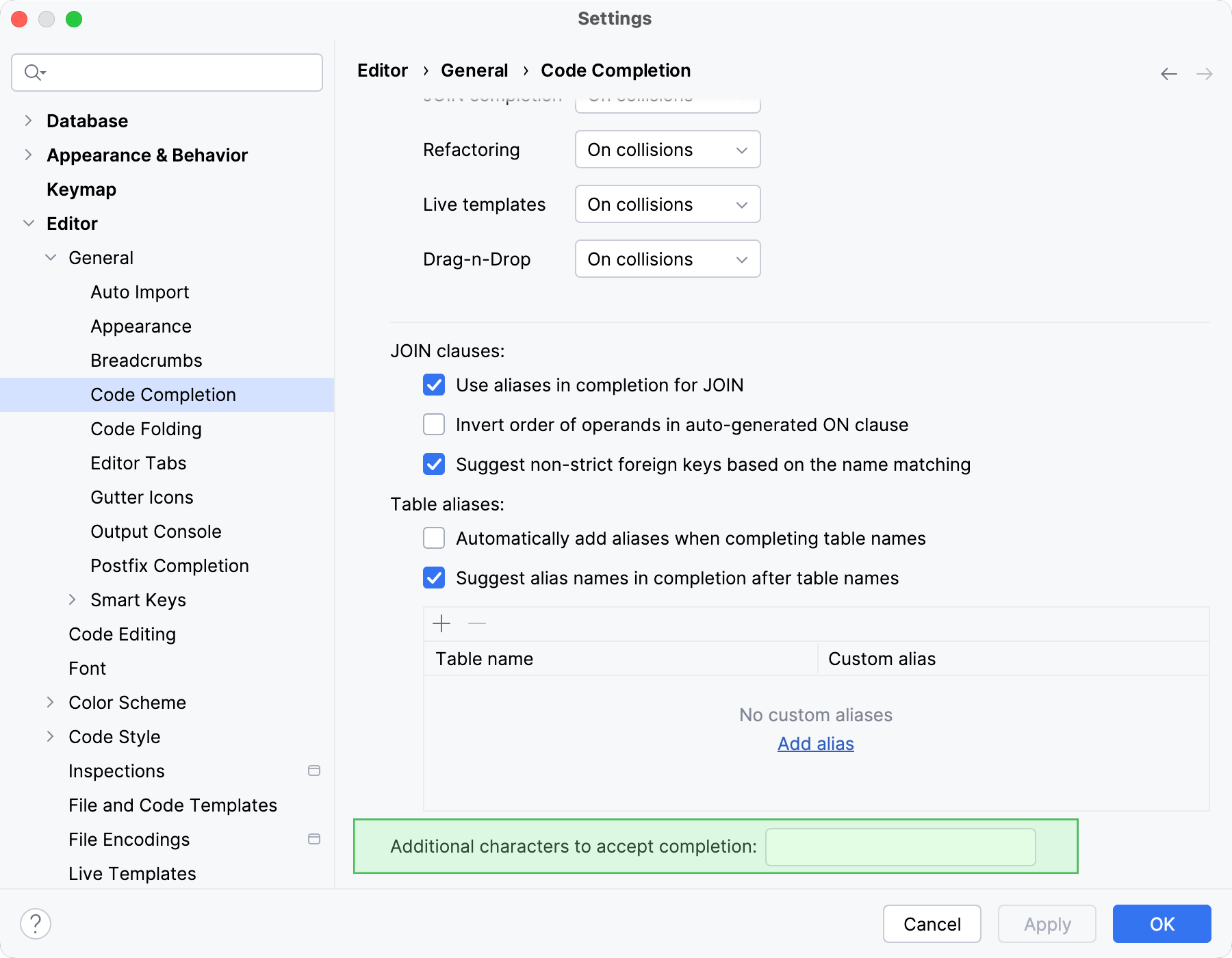 IDE settings dialog: option to use additional characters to accept code completion